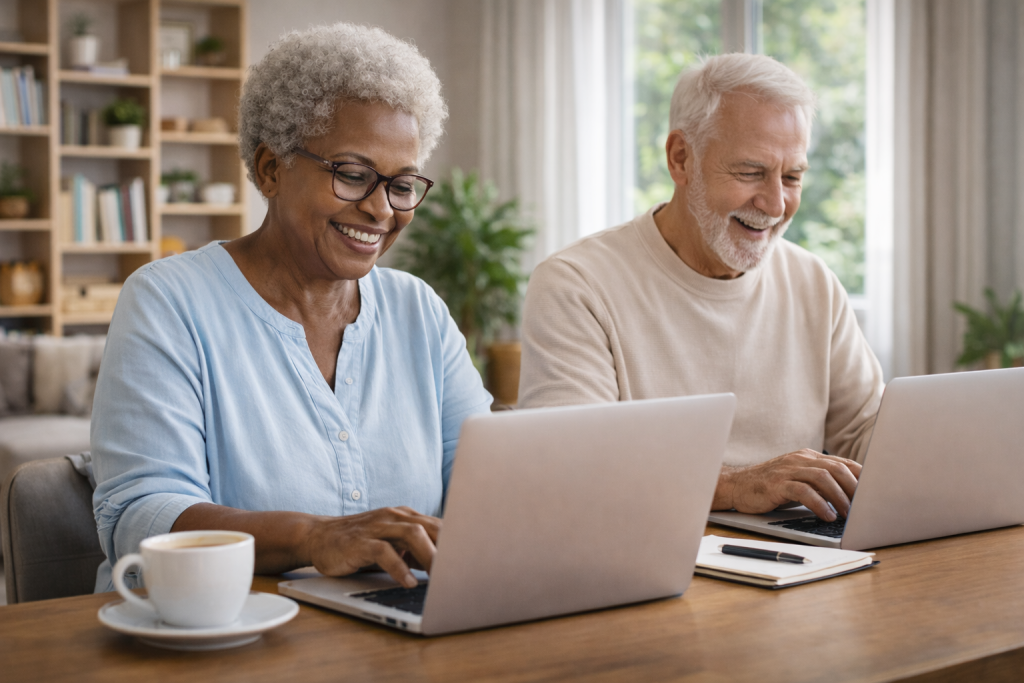 Elderly couple Affiliates working together from home