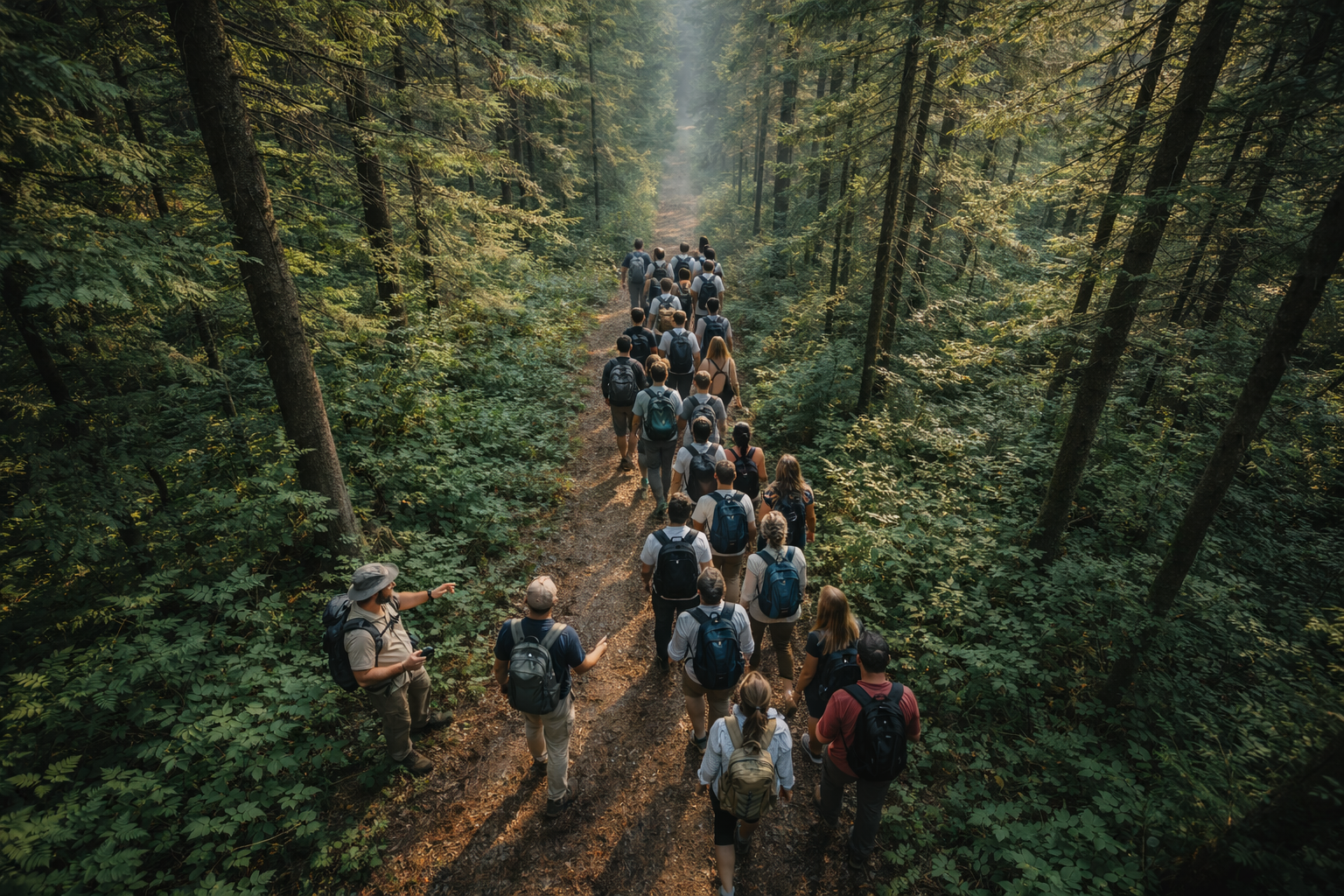 Hikers on a misty forest trail